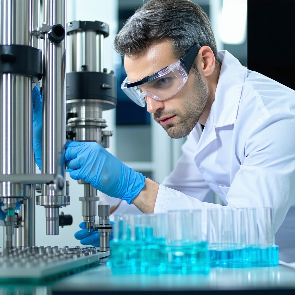 Scientist with blue gloves working in a laboratory with stainless steel instruments